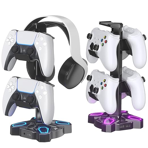KDD Gaming Headphones Stand, Rotatable Headset Stand with Light Modes - Controller Holder with 2 USB Charging Ports and 3.5mm - Earphone Hanger Accessories for Desktop Gamer(Black) by KDD