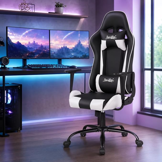BestOffice Gaming Chair Desk Chair Ergonomic High Computer Chair with Adjustable Lumbar Support, Armrests, and Racing-Inspired Design for Office and Home Use (White) - Image 2
