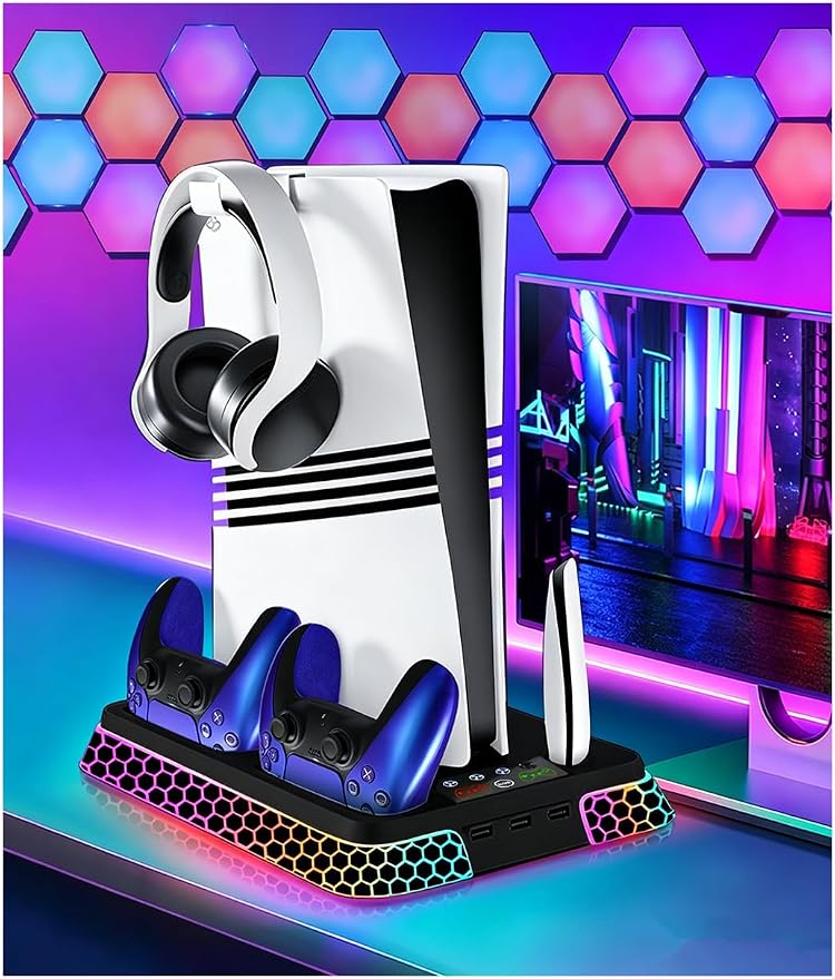 PS5 Stand with Hexagon RGB Aesthetics,PS5 Cooling Station for PlayStation 5 Slim Pro Disc Digital Console with Cooling Fan,Dual Controller Fast Charger USB Hub Headset Holder Game Storage (Black) by WelcometoEnstixsm