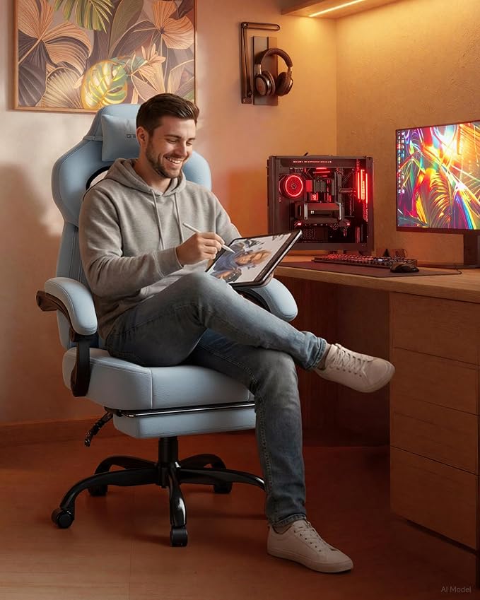 GTPLAYER Gaming Chair for Adults, Ergonomic High Back Chair with Footrest | Big & Tall Computer Video Gaming Chair, Comfort Wide Seat with Lumbar Support for Big/Tall, Office/Home, Velvet, Blue - Image 2