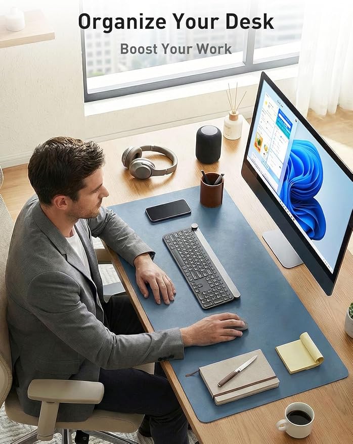 Aothia Faux Leather Desk Mat - Non-Slip PU Leather Desk Blotter, Waterproof Writing Surface, Large Desk Pad for Office & Home (Denim Blue, 55" x 24") - Image 4