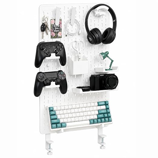 Clamp-On Desk Pegboard Organizer, 14 Accessories, White | 14 Peg Board Accessories, Controller Holders, Keyboard Stand, Headphones Holder, Cable Storage for gaming setups, home office by Unknown
