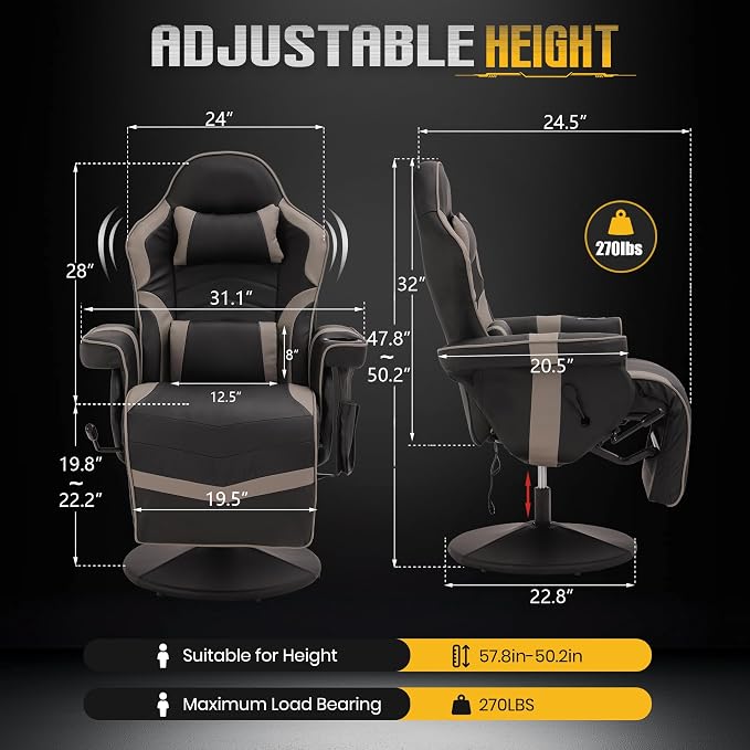 Massage Gaming Recliner Chair with Cup Holder & Side Pockets – Ergonomic PU Leather Video Gaming Chair with Footrest, Manual Recline, Headrest & Lumbar Support for Office or Game Room (Grey) - Image 2