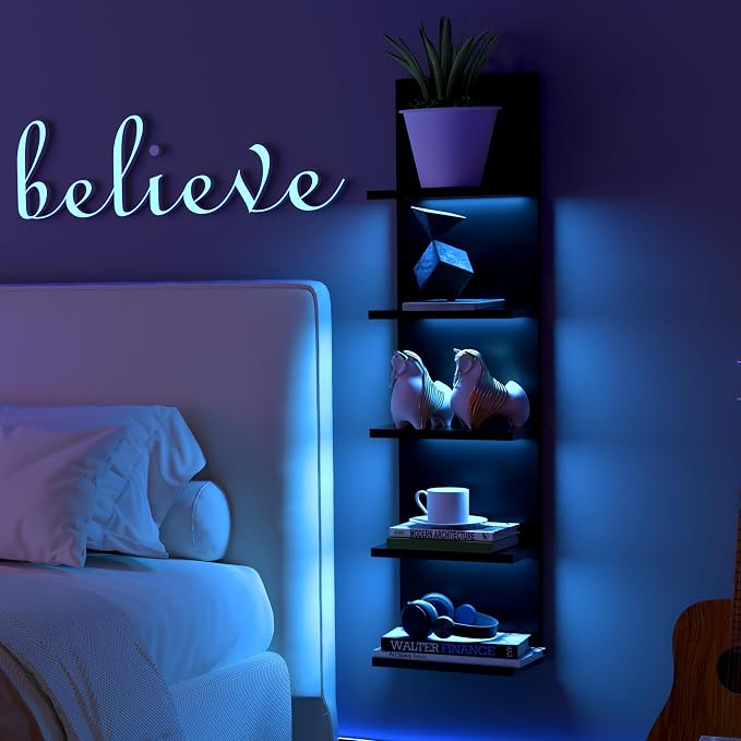 VIWODS 5-Tier Wall Shelf Unit with Light, Black - Image 5