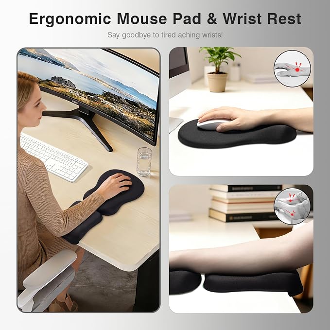 Ospelelf Mouse Pad with Wrist Rest Set Foam L-Shaped Desk Elbow Pad Ergonomic Desk Edge Cushion Anti-Slip Rubber Bottom Office Women Desk Accessories for Computer, Laptop and Gaming, Black - Image 2