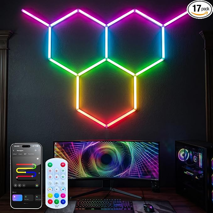 RGB Hexagon Garage Lights 3 Hex, Duplex Signal RGB Led Hexagon Lights with Music Sync Mode, Easy Setup RGB Ceiling Lights for Garage, Gym, Gaming Room, Studio, Party, Bar by WelcometovisitLitezone