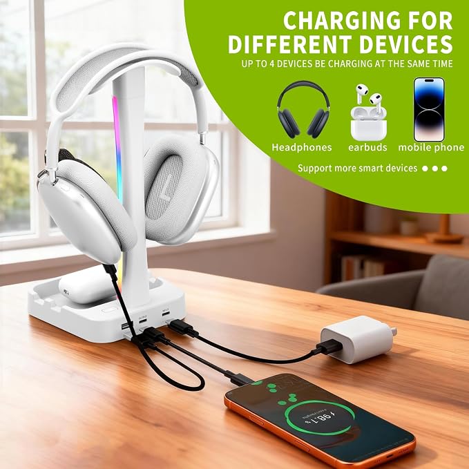 Headphone Stand with Charger,Gaming Headset stand with RGB Light Mode,For Airpod Max Stand,Desk Lamp,Phone Holder,Tablet Holder,desktop organizer,Gifts for Gamers & Music Lover (White) - Image 2