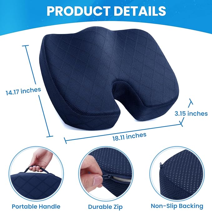 TushGuard Seat Cushion - Memory Foam Cushion for Office Chair, Car Seat, Airplane, Bleacher - Sciatica & Coccyx Pain Relief Desk Chair Cushion for Long Sitting Office Workers, Car Drivers(Blue) | for Car Seat, Airplane, Desk Chair - Sciatica & Hip & Co... - Image 2