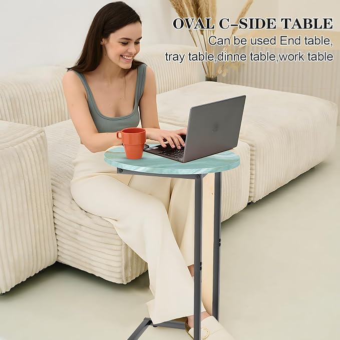 C Shaped End Side Table, Small Oval Couch Sofa Table for Bed, Snack Side Table with Metal Frame, TV Tray Table with White Marble for Small Space, Living Room, Bedroom, Bedside(Sea Blue) - Image 4