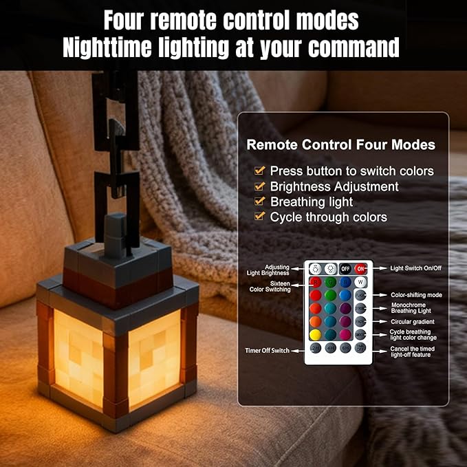 LOUHH Pixelated Lantern Night Light, 16 Color LED Wall Night Light with Remote Control - Rechargeable Retro Pixel Style Table Lamp for Game Room Kids Room Decor and Children's Gifts - Image 5