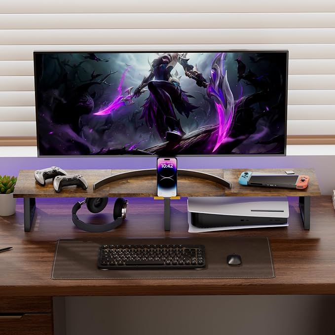 TEAMIX 42 inch Dual Monitor Stand with Storage Drawer & Phone Holder, Brown | Laptop, PC, Printer, TV Stand Riser, Wood & Steel, Holds 300lbs, Keyboard & PS5 Storage underneath, For Home Office & Gaming - Image 6