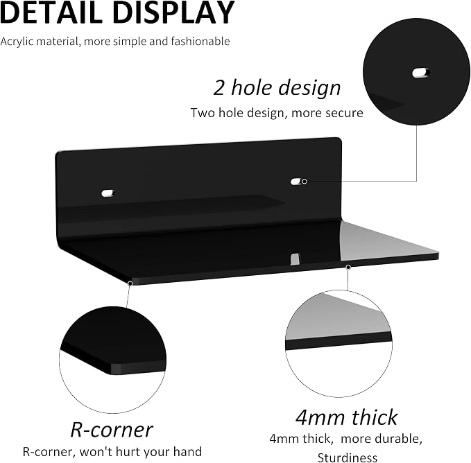 Sezanrpt 9 Inches Acrylic Wall Shelves 2 Pack, Floating Shelf for Wall Mounting, Acrylic Display Ledges for Funko Pop Figures, Home Décor, Living Room, Gaming Room, Plants(9 inch, Black) - Image 4