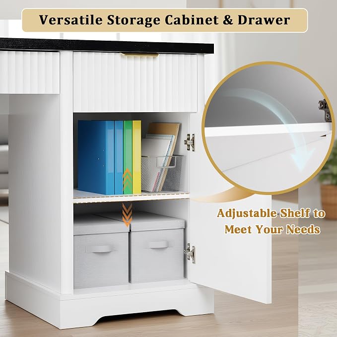 55" Fluted Gaming Desk Pegboard Cabinet Drawers Outlet, White | Home Office | Bedroom Living Room Teen Desk | Nail Tech Manicure | Vanity Hutch | Bookcase Corner - Image 8