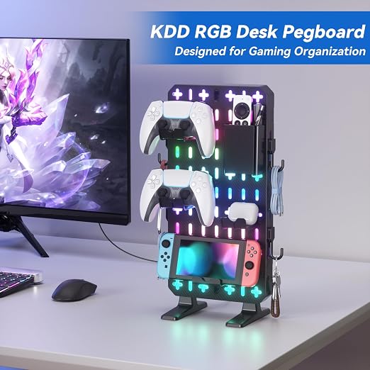 KDD 6 in 1 RGB Gaming Desk Accessories - No Drill Desk Organizer with Phone Stand/Storage Box/Headset & Controller Holder/Hooks, Freestanding Gaming Pegboard for Office & Home Desktop Decor Organizer - Image 2