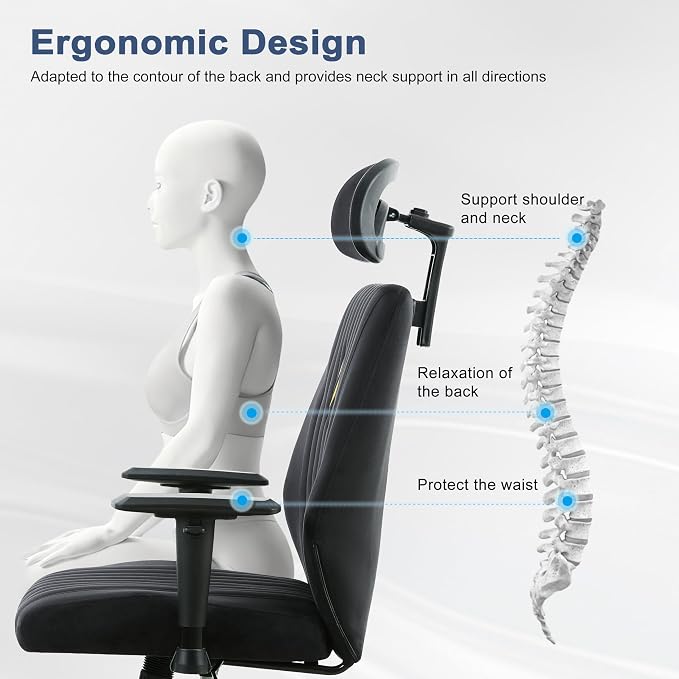 Office Chair Ergonomic with 109° Rocking Function, Breathable Suede Fabric, Integrated Lumbar Support, Adjustable Headrest & Armrests, Swivel Desk Chair - Image 6