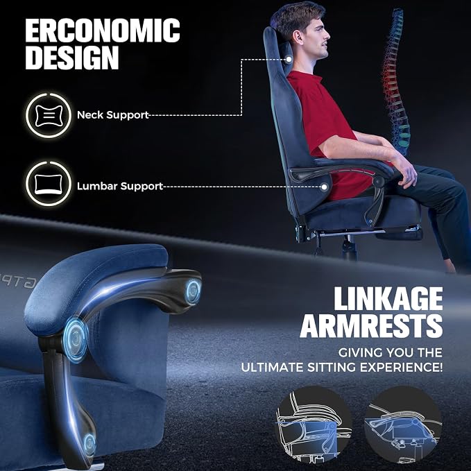 GTPLAYER Big and Tall Gaming Chair 400lbs Heavy Duty Office Chair with Foot Rest, High Back Pocket Spring Ergonomic Computer Chair for Adults, Wide Comfy Seated Cushion with Linkage Armrests, Blue - Image 5
