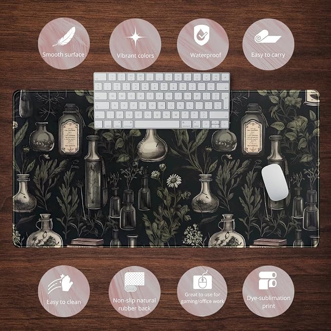 Black Aesthetic Desk Mat - Vintage Large Gaming Flower Mouse Pad XXL Plant Wildflower Mousepad Extended Laptop Computer Keyboard Mat for Women Girl Office Decor 31.5x15.8 in - Image 6