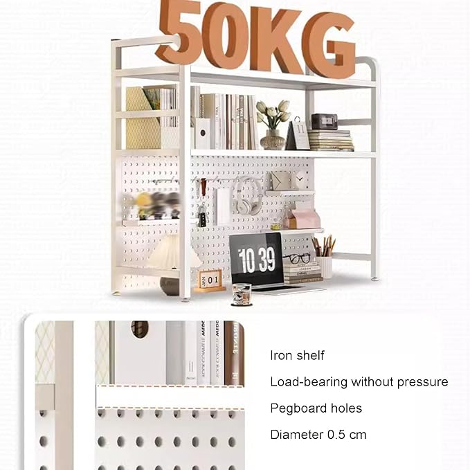 Peg Board, 2 Tier I Ndustrial Style Desktop Bookshelf， Pegboard Monitor Shelf, with 20 Hooks Modular Pegboard Shelf System for Home Office(White,95x20x68cm) - Image 6