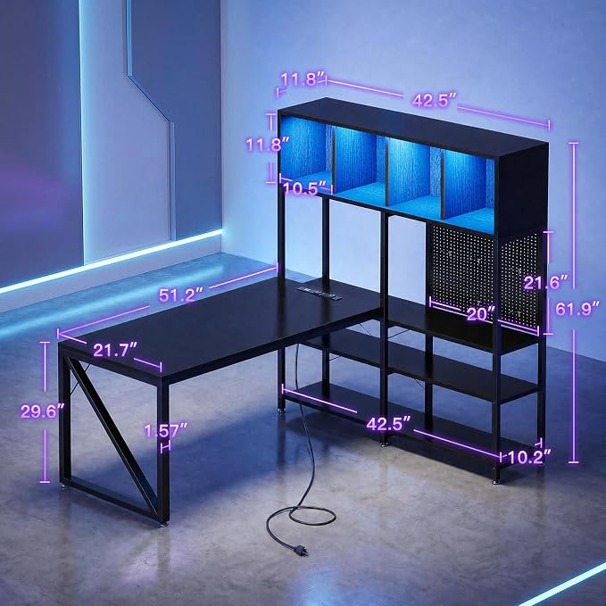 AODK 63" L Shaped Gaming Desk with Display Hutch and Large Desktop, Black | LED Lights, Power Outlets, PC Tower Display Shelf, Pegboard, Storage Shelves, Reversible Layout for Gaming and Home Office - Image 2