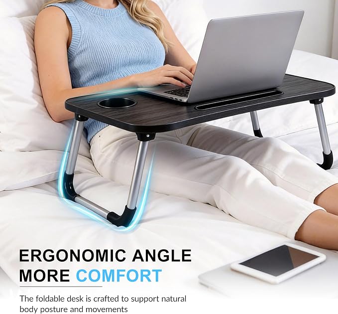Foldable Laptop Bed Desk for Laptop, 23 Inch Portable Ergonomic Lap Desk with Cup Holder, Bed Tray Table Fits Up to 17" Laptops, for Work from Home, Gaming, Writing, Eating (White) - Image 7