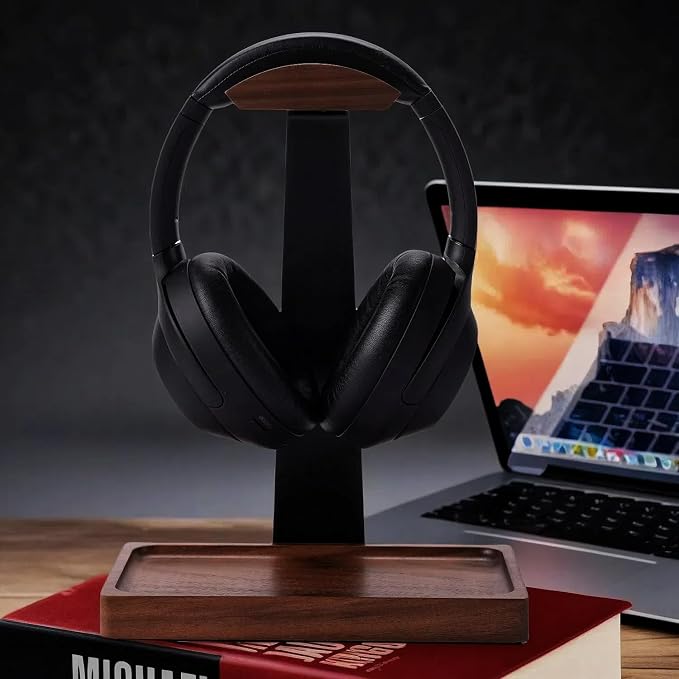 Walnut Headphone Stand, Wood Headset Holder for Desk with Storage | Wooden Gaming Headset Stand for AirPods Max/Bose/Razer/Sennheiser, American Black Walnut & Aluminum, Vintage Gift for Men - Image 6