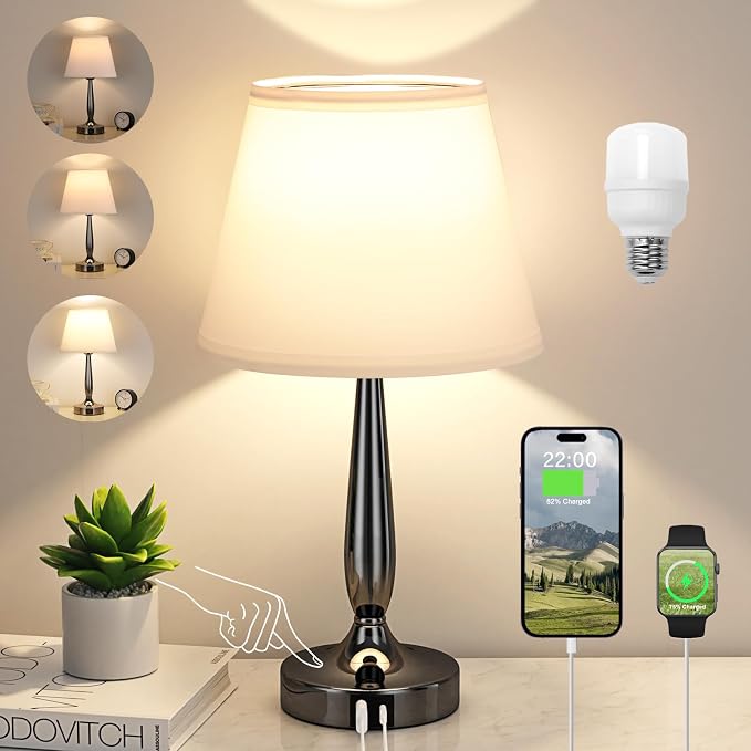 Kakanuo Touch Bedside Lamp for Bedroom with USB C Port, Small Touch Table Lamp with 2 USB Charging Ports, 3 Way Dimmable Nightstand Lamp for Living Room and Office - White (LED Bulb Included) by KakanuoLightings