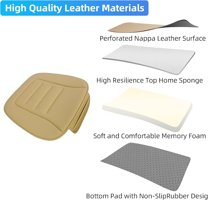 KAYI Car Seat Cushion, Comfort Memory Foam Car Cushions for Driving, Breathable Leather Surface with Anti Slip Rubber Bottom, Seat Cushion for Car and Office Chair (1 Pack, Beige) - Image 3