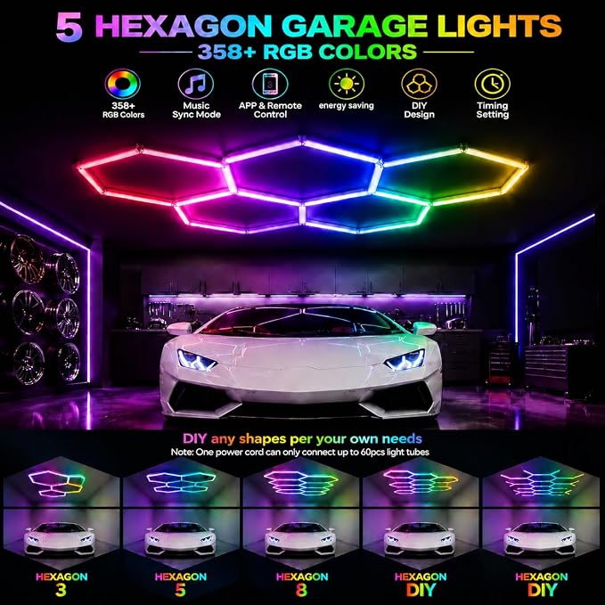 25Pack RGB Hexagon LED Garage Lights, 5 Hexagon Smart Honeycomb Lights with APP & Remote Control, Music Sync, 358 RGB Colors, Dimmable DIY Modular Lighting for Garage, Gaming Room & Car Detailing - Image 2