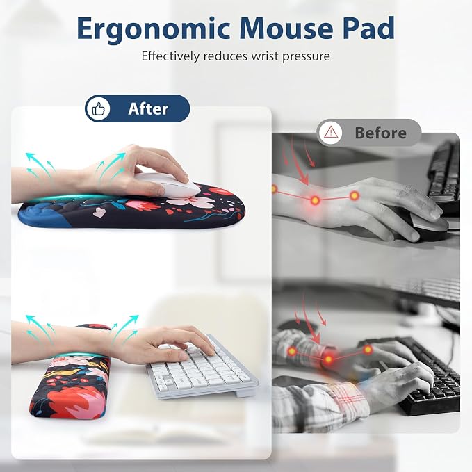 EYROZILL 3 in 1 Ergonomic Mouse Pad and Keyboard Wrist Rest, Cute Mouse Pad with Wrist Support Massage Design, Non-Slip Wrist Pad for Mouse, Desk Mouse Set(Flower) - Image 2