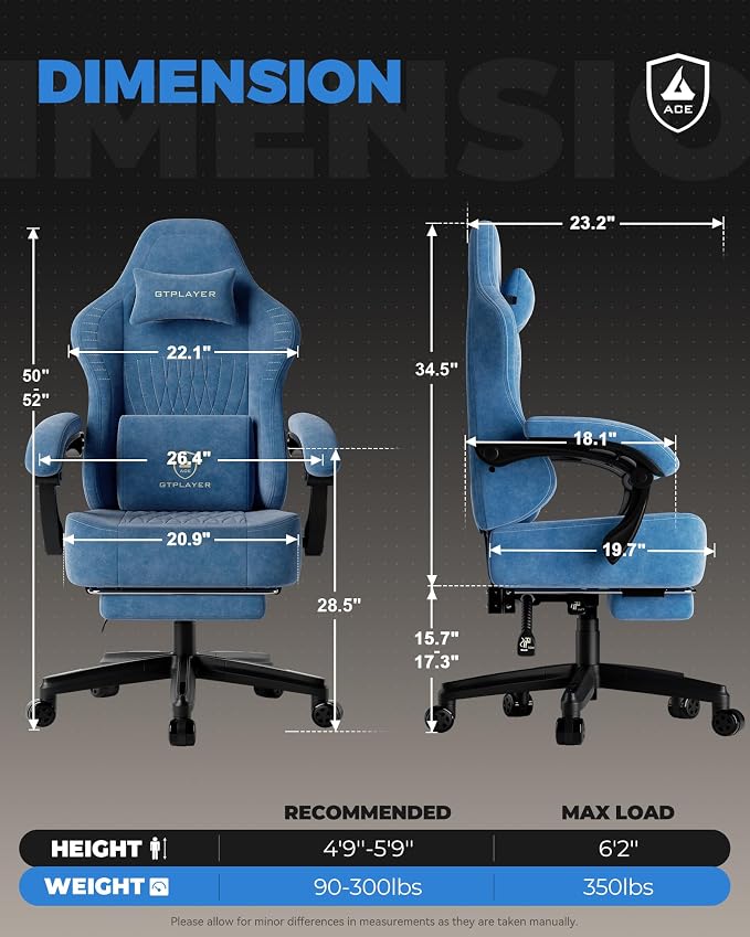 GTPLAYER Gaming Chair, Video Game Chairs with Footrest, PC Gamer Chairs for Adults - Padded High Back Ergonomic Reclining Silla Gamer, Linkage Armrest, Ace Pro, Blue (Velvet) - Image 2