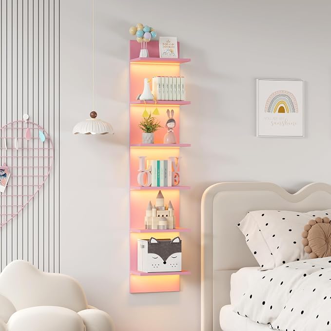 Qupui 6-Tier Wall Shelf with RGB LED, 57" Floating Storage, Pink - Image 5