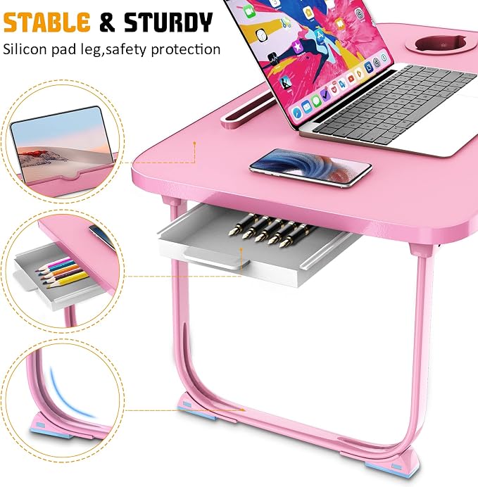 Fayquaze Lap Laptop Desk, Portable Foldable Laptop Bed Table with Storage Drawer and Cup Holder, Lap Desk Lap Bed Stand Tray Table Serving Tray for Eating, Reading and Working - Image 3