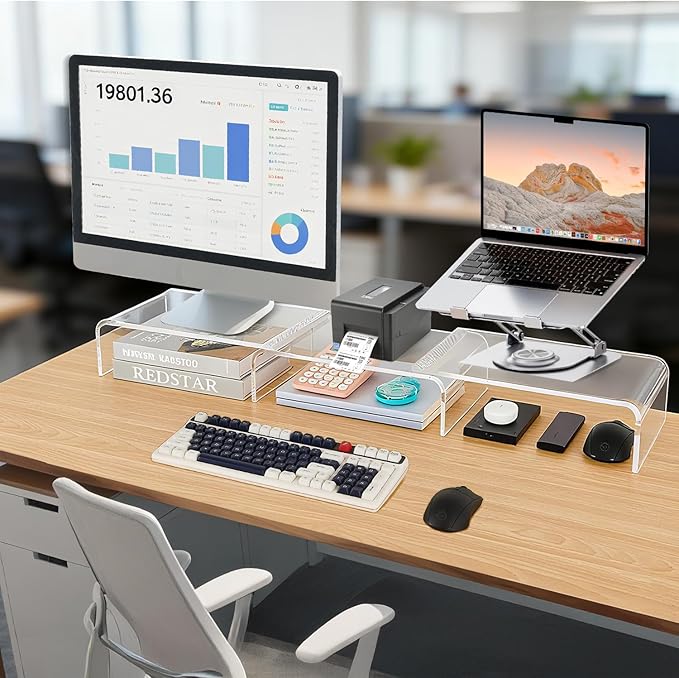 LEKETREE Acrylic Monitor Stand , Clear Monitor Stand for Desk, Computer Accessories for Home Office, Desk Organizer Shelf for Laptop, PC, Multi Media and more - Image 2