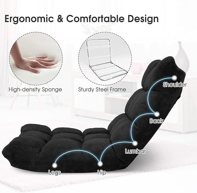 Giantex Folding Floor Chair with Back Support, 14 Adjustable Position, Padded Sleeper Bed, Couch Recliner, Floor Gaming Chair for Adults Meditation Living Room Bedroom, Black - Image 5