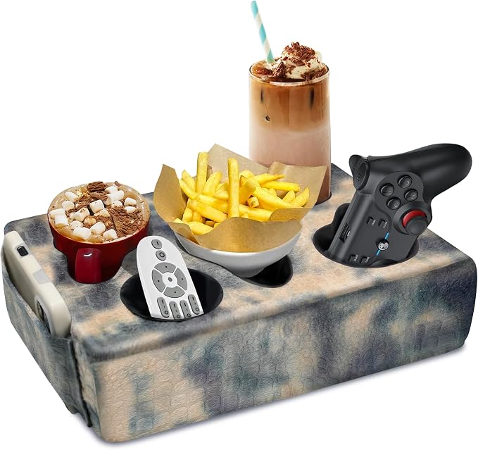Couch Cup Holder Pillow, 5 Hole Couch Drink Holder! Keep Drinks Hand Side and Keep Temp, Prevent Spills and Use Anywhere. Cup Holder for Couch, Bed, Camping, RV, Car, Beach. Beige Gray by NISDOING
