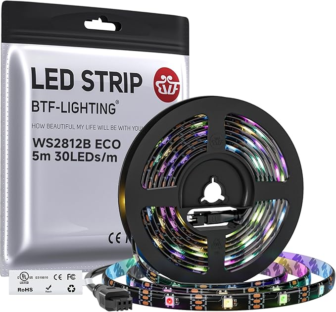 BTF-LIGHTING WS2812B ECO RGB LED Strip,UL Listed,Individually Addressable,16.4FT 30LED/m 150Pixel DC5V 5050SMD,Alloy Wire Flexible 3M Tape for DIY Chasing Color Project IP65(No Adapter or Controller) by BTF-LIGHTING
