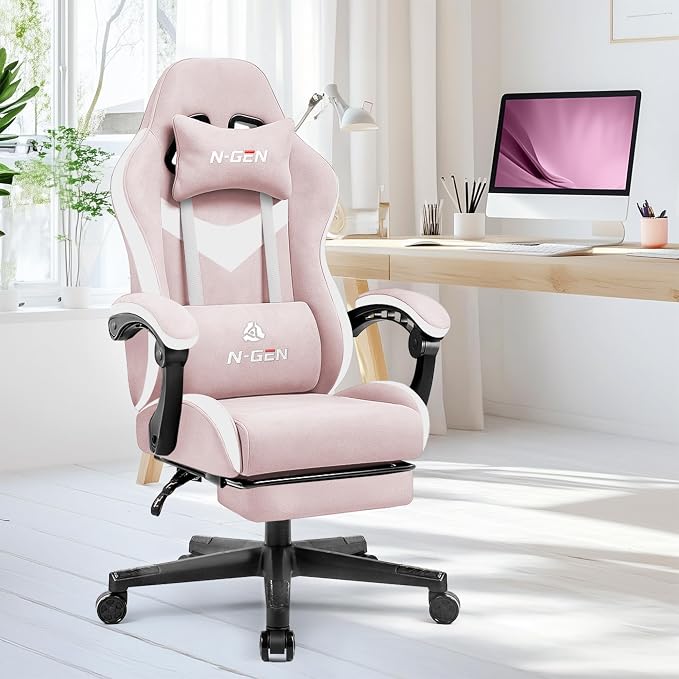 N-GEN GAMING Gaming Chair, Reclining Backrest, Footrest, Fabric, Pink | Ergonomic Design with Reclining Backrest, Linkage Armrests and High-Density Foam, Comfy Seating for Computer or Home Office - Image 2