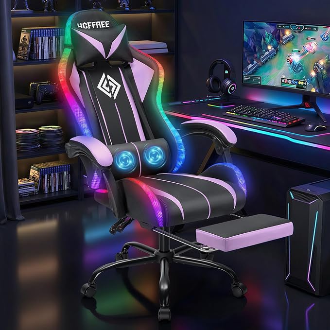 RGB Gaming Chair with LED Lights Massage Ergonomic Computer Chairs-Purple | High Back Video Game Chair with Footrest & Adjustable Lumbar Support Gamer Chairs for Adults Racing Style Recline - Image 3
