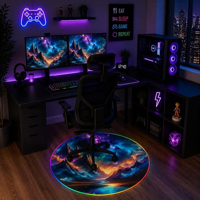 Gaming Chair Mat for Hardwood Floor Circle RGB Gaming Lights (Mountains 47”) - Noise Cancelling, Anti-Slip Gamer Floor Mat – Scratch Resistant Computer Gaming Mat for Chair – Office Chair Mat - Image 6