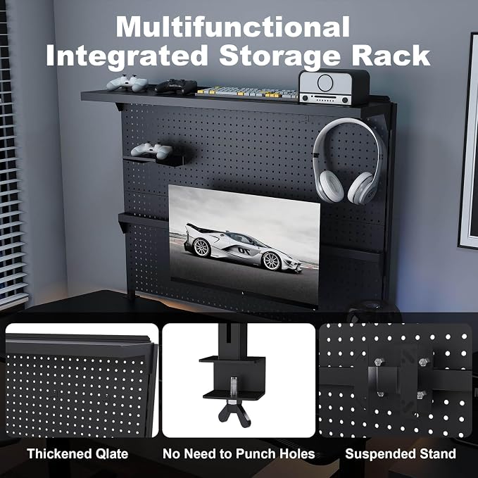 Majnesvon Clamp On Pegboard-Metal Office Pegboard Organizer with Monitor Stand, Peg Board Gaming for Desk with Hooks & Movable Partition, Office Storage Shelf for Workstation Setup (Black 43x35 Inch) - Image 3