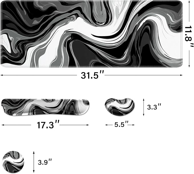 Desk Pad and Keyboard Wrist Rest, Large Mouse Pad + Keyboard Pad+Mouse Wrist Support, Non-Slip Desk Mat Protector for Office, Home 31.5×11.8 Inches Black & White Abstraction - Image 2