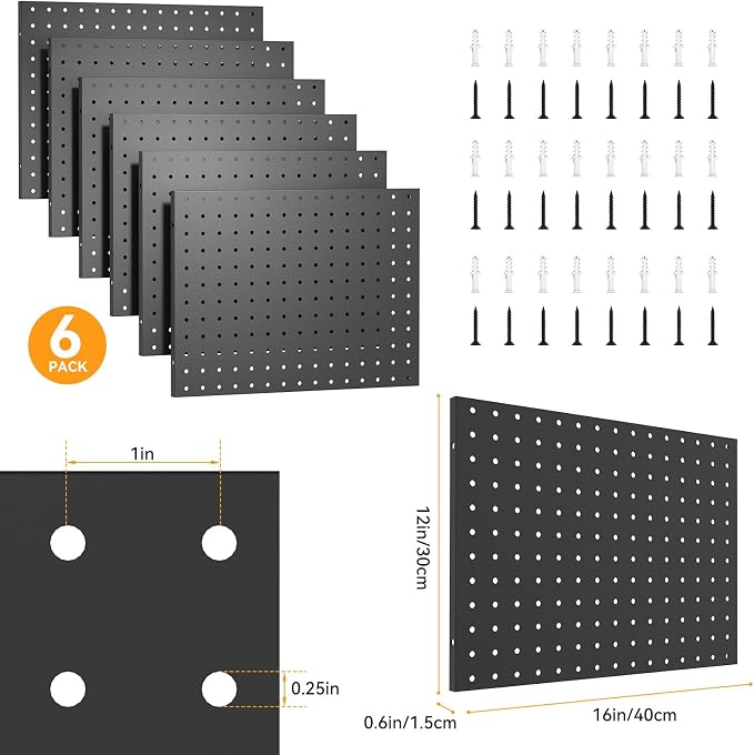 6 Pcs Metal Pegboard Wall Organizer, 16" x 12" Heavy Duty Peg Board for Garage Tool Storage, Black Peg Board Panels for Garage, Craft Room, Workbench Storage - Image 3