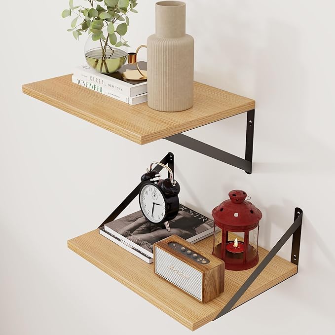 Axeman Deep Floating Shelves, 12 Inch Deep Rustic Oak Floating Wall Shelves Set of 2, 16W x 12D Large Floating Shelves Living Room Cleanning Room Laundry Room Garage - Oak with Black Brackets by Axeman