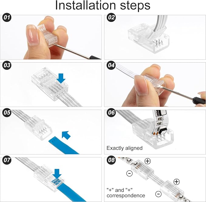 RGBZONE 10Pcs 8mm 4 Pin LED Strip Connectors and 32.8ft 4 Pin RGB Extension Cable Strip to Wire Quick Connection for Waterproof or Non-Waterproof 8mm Wide SMD RGB 5050 LED Strip Lights(IP20/IP65) - Image 7