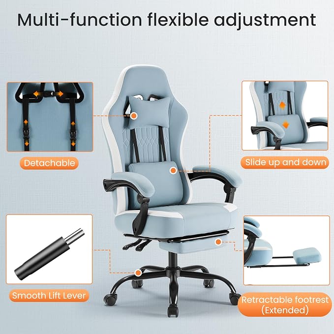 Sweetcrispy Video Game Chair, Ergonomic Computer Desk Chair, Lumbar Support | Footrest, Height Adjustable, Linkage Armrests, Headrest, Swivel Wheels, Blue - Image 7
