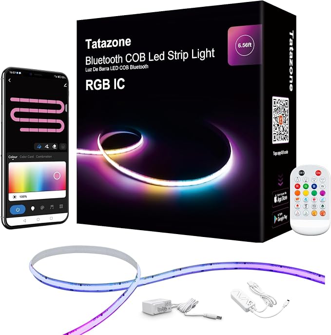 Tatazone 6.56ft Bluetooth RGB+IC COB Led Strip Light with App, Chasing COB Light Strip, Segmented Control, Music Sync, Color Changing Led Lights for Home Decor, Gaming, Cabinet, Desk by Tatazone