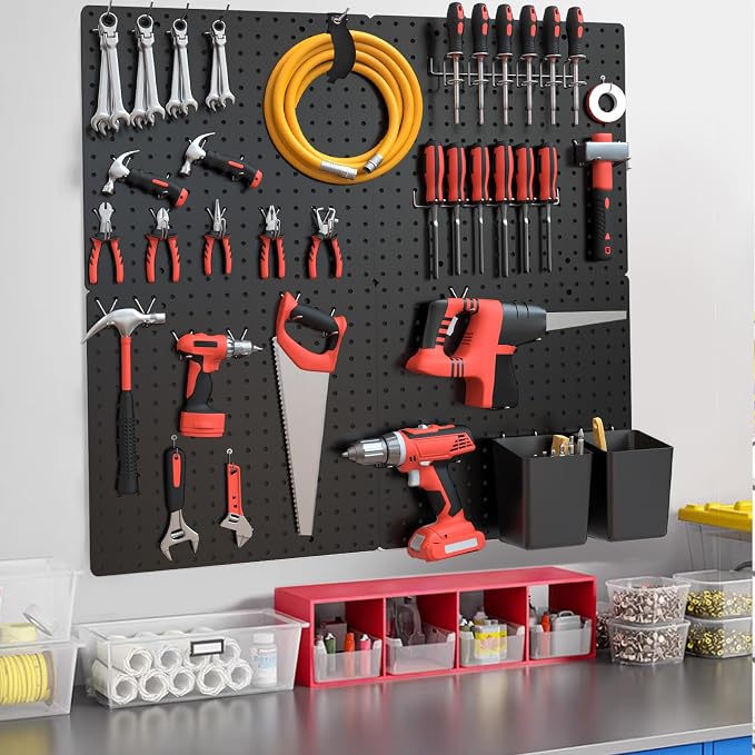 FZK Modular Plastic Peg Board Wall Organizer Kit, 16x16, Black | Features 33 storage accessories, heavy duty 200 pounds capacity, suitable for garage workshop, craft room and office wall - Image 6