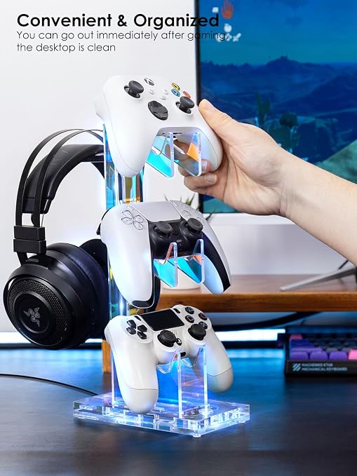 OAPRIRE RGB Controller and Headset Stand with 21 Light Modes, 3 Tier | Acrylic Game Controller Stand for Desk, Stabilized Base, Gamer Gift for PS5 PS4 Xbox Controllers, Desk Accessories, Clear - Image 6