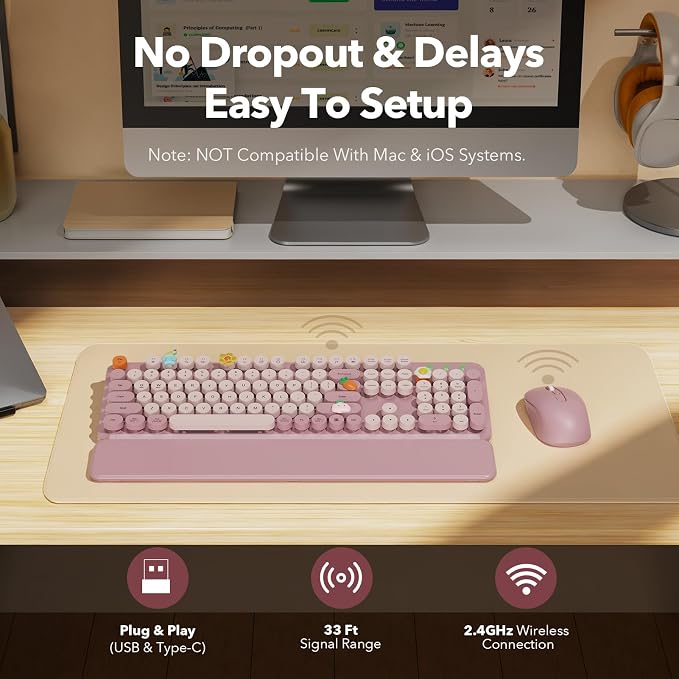 Wireless Keyboard and Mouse Combo, Full-Size Typewriter-Style Keyboard with Round Keycaps, Magnetic Wrist Rest, Tilt Legs, 2.4GHz Cordless for Mac, Windows PC, Laptop, SABLUTE CK23, Dusty Rose - Image 7