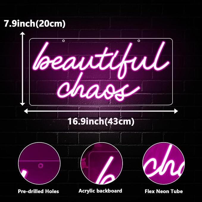 Beautiful Chaos Sign, Beautiful Chaos Led Neon Light Signs for Wall Decor Bedroom Home Bar Birthday Bachelorette Party Café Salon Wall Art Christmas Gift Dimmable USB Powered(16.9" × 7.9") - Image 3